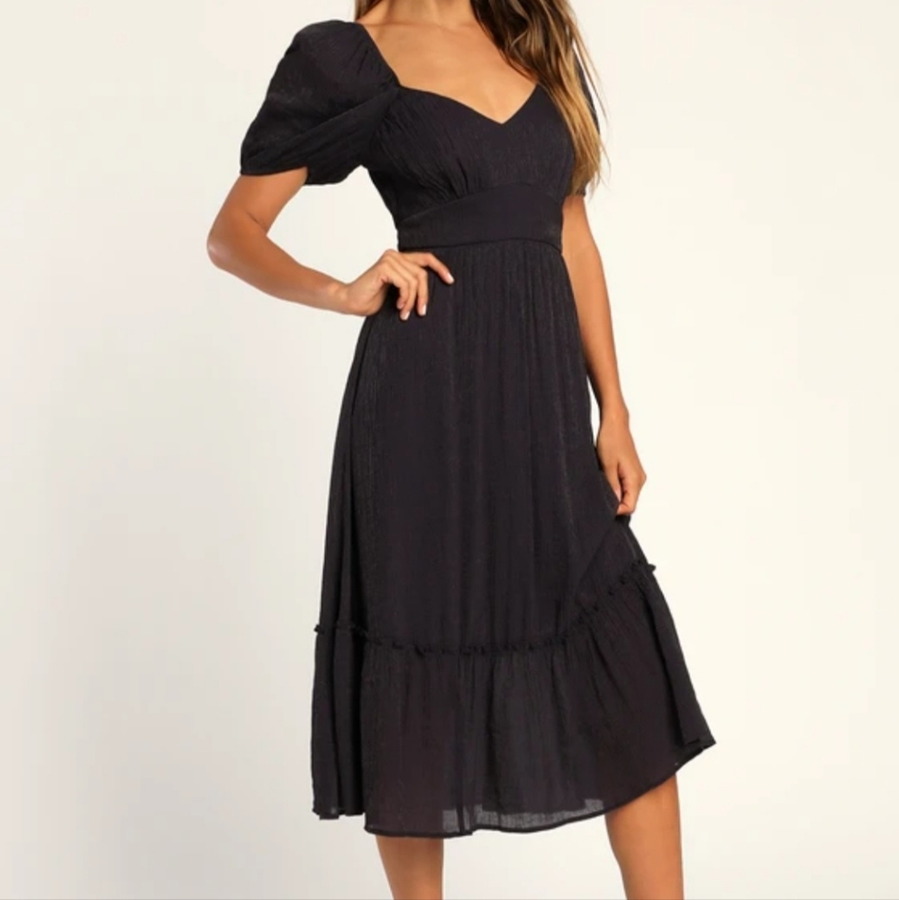 Lulus Simply A Sensation Navy Blue Puff Sleeve Midi Dress - Picture 9 of 12